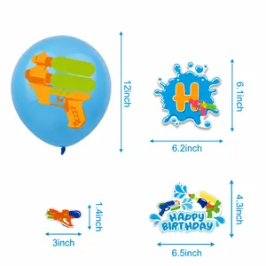 Water gun party decoration set including balloon and banner dimensions on white background