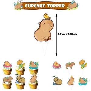 Capybara themed cupcake toppers set for birthday party decorations featuring cartoon designs