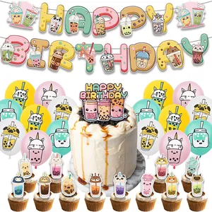 Bubble tea themed birthday party set with banner, colorful balloons and cake toppers