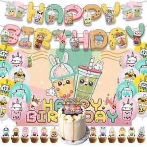 Boba Tea Theme Birthday Party Decoration Set Cartoon Animal Banner Backdrop Cake Toppers Latex Balloons For Kids Birthday