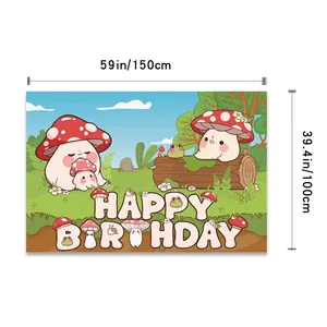 Sfondo di compleanno con funghi cartone animato, 150cm x 100cm per decorazioni di festa