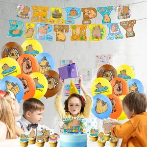 Capybara themed birthday party set including happy birthday banners and colorful balloons