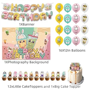 Bubble milk tea themed birthday party set with banners, balloons and cake toppers