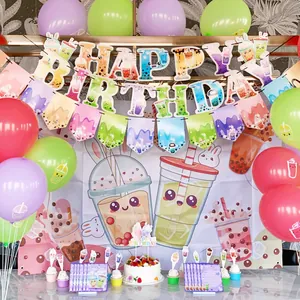 Bubble tea theme birthday party set with banners, balloons, and cartoon background