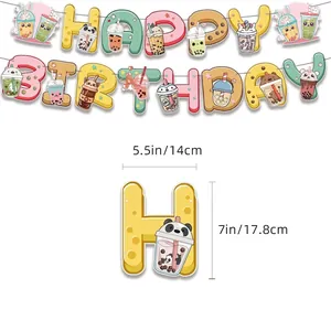 Milk tea theme Happy Birthday paper banner with cute cartoon panda and cat illustrations