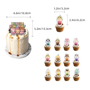 Milk tea themed Happy Birthday cake topper set with cartoon animal drink toppers