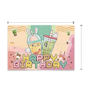 Milk tea themed Happy Birthday backdrop banner, 150x100cm cartoon party decoration