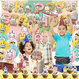 Milk tea and cute animal theme birthday party set with banners, balloons and cake toppers