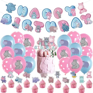 Ensemble De Décoration Anniversaire Thème Hippo Mignon Bannière En Papier Toppers De Gâteau Ballons En Latex Pour Fête Enfants