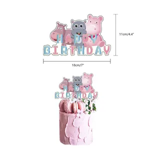 Décoration de gâteau Joyeux Anniversaire thème hippopotame pour fête enfant