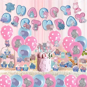 Kit d'anniversaire hippopotame mignon avec bannières, toppers gâteau et ballons