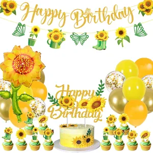 Ensemble de Décoration de Fête d'Anniversaire Tournesol Bannière Happy Birthday Topper de Gâteau Paillettes Dorées Ballons