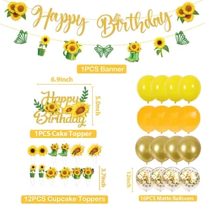 Kit déco anniversaire tournesol avec bannière pailletée, cake toppers et ballons
