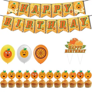 Orange themed birthday party set with banner, balloons, cake toppers and cupcake inserts