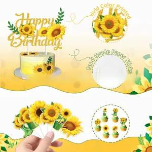 Décoration de gâteau tournesol avec Happy Birthday doré et bâtonnets de qualité alimentaire