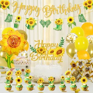 Décoration fête anniversaire tournesol avec bannières pailletées et ballons jaunes