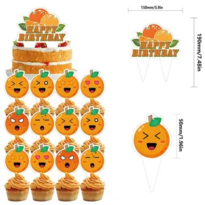 Cute orange theme happy birthday cake topper set with various fruit sizes and dimensions