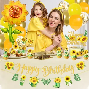 Décoration fête anniversaire tournesol avec ballons bannière et décors pour gâteaux