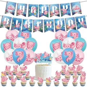 Axolotl Birthday Party Decoration Kit With Happy Birthday Banner Large Cake Topper Small Toppers Latex Balloons Cartoon Style