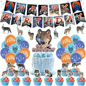 Décoration de Fête d'Anniversaire Thème Loup Bannière Happy Birthday Ballons en Latex Cake Toppers Décorations Suspendues pour Fêtes
