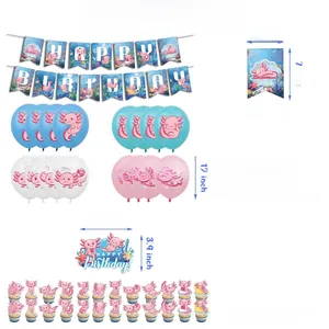 Detailed size chart for blue axolotl themed party banner balloons and cake toppers
