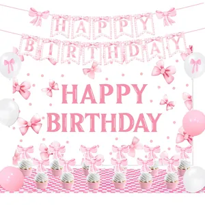 Pink Bow Theme Birthday Party Decorations Happy Birthday Banner Backdrop Cake Toppers Latex Balloons For Girls Women Party