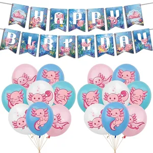 Blue Axolotl theme birthday party set with Happy Birthday banner and colorful balloons