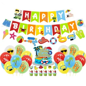 Summer Beach Birthday Party Decoration Paper Happy Birthday Banner Cake Toppers Latex Balloons Kids Birthday Pool Party Supplies