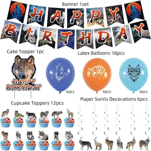 Kit de décoration anniversaire thème loup avec bannière, ballons et toppers gâteau