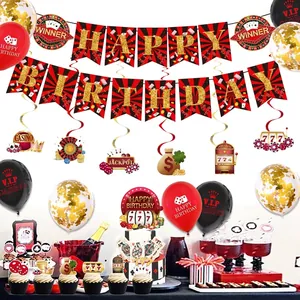 Casino theme birthday party decorations set with red gold poker banners and balloons