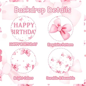 Pink watercolor bow Happy Birthday backdrop, durable and reusable party decoration banner