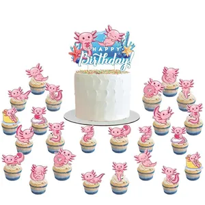 Blue axolotl theme birthday party cake toppers and cupcake picks set decorations