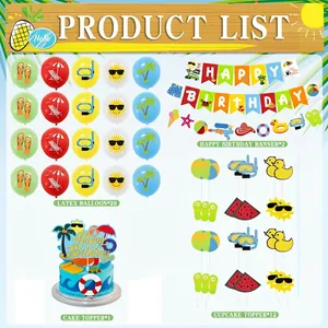 35pcs summer beach theme birthday party set with banners, balloons and cake toppers