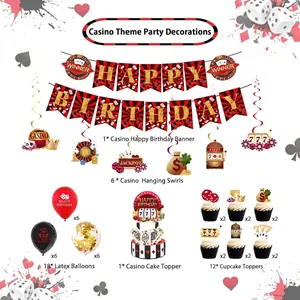 Casino theme birthday party set with poker banners, balloons and cake toppers decorations