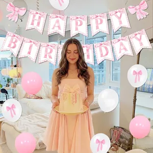 Pink bow birthday decoration kit with banner balloons and cake toppers for girls