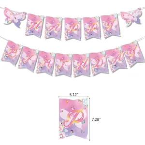 Striscione di compleanno farfalla rosa e viola con lettere d'oro da 5,12 x 7,28 pollici