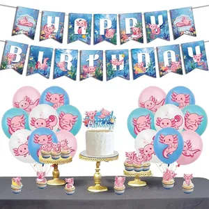 Blue Axolotl theme birthday party kit with happy birthday banner balloons and cake toppers