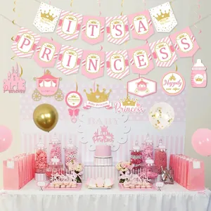 Kit de décoration fête princesse rose avec bannière et ballons pour anniversaire fille