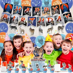 Kit décoration anniversaire thème loup avec bannière, ballons et toppers gâteau