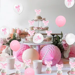 Pink bow theme birthday party decoration set with cake toppers and latex balloons
