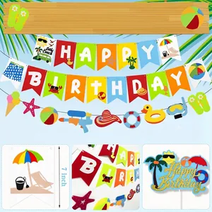 Summer beach birthday banner set with colorful 7 inch paper letters and tropical cartoon icons