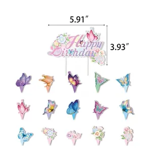Decorazioni per torte con farfalle e fiori rosa e viola per feste di compleanno