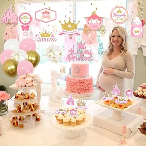 Kit décoration fête princesse rose avec cake toppers couronne, bannière et ballons