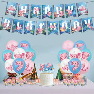 Blue Axolotl birthday party set with banner, latex balloons and cartoon cake toppers