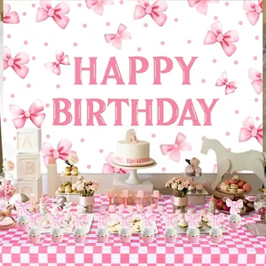 Pink bow theme happy birthday party decoration set with backdrop and cake toppers
