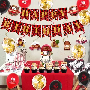 Casino themed birthday party decoration set with poker banners and casino balloons