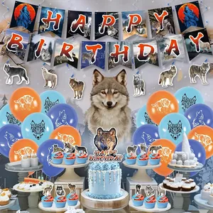 Kit de décoration anniversaire thème loup avec bannière, ballons et toppers