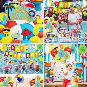 Summer beach birthday party set with Happy Birthday banner, cake toppers and balloons