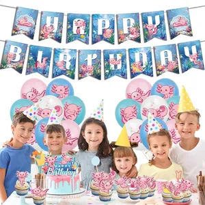 Pink Axolotl birthday party set with banners, balloons, and cake toppers for kids decoration