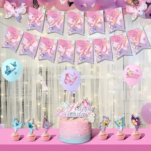 Set festa di compleanno con farfalle rosa e viola con banner, topper e palloncini